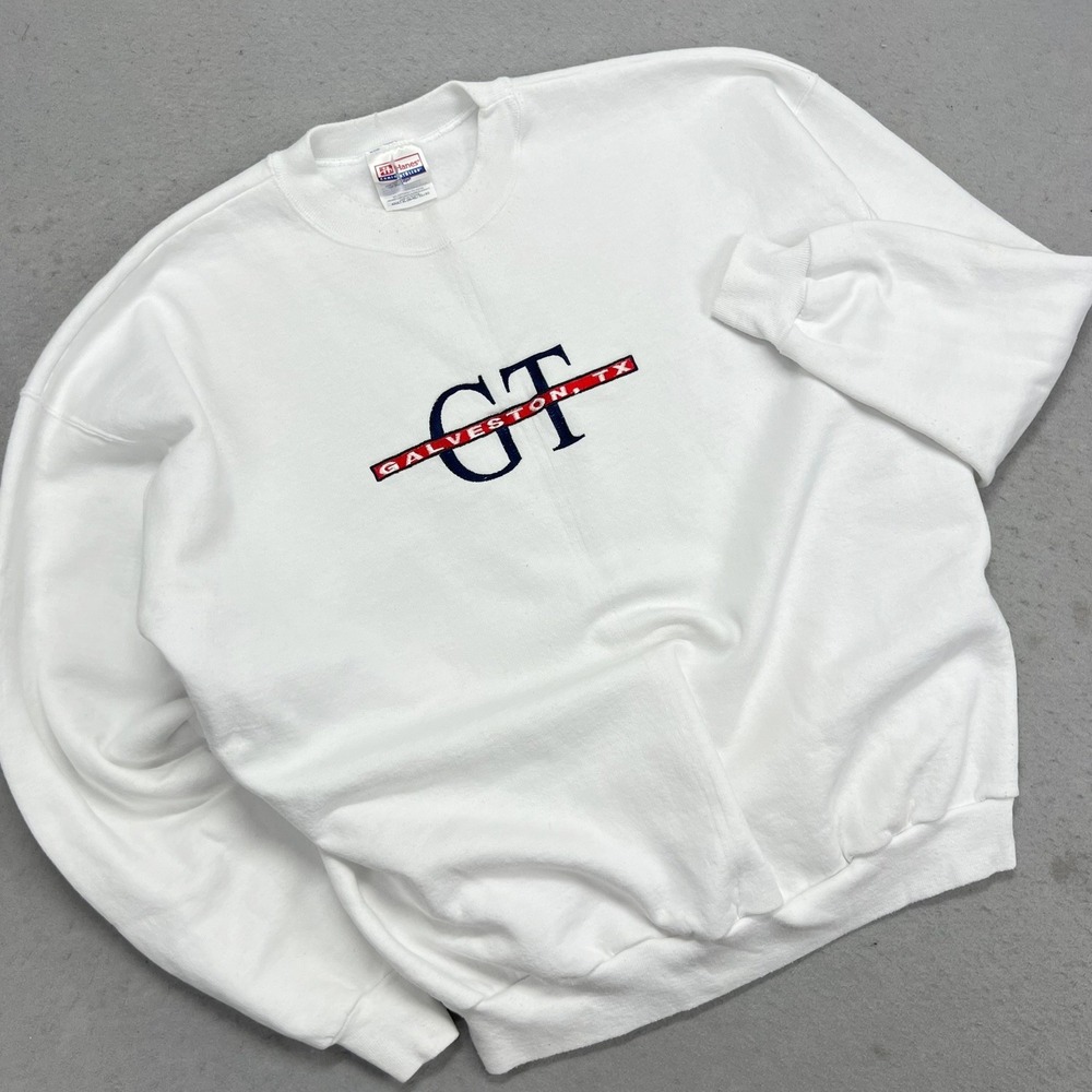 Vintage 00s Hanes‎ Galveston Texas White Pullover Crewneck Sweatshirt Mens XL